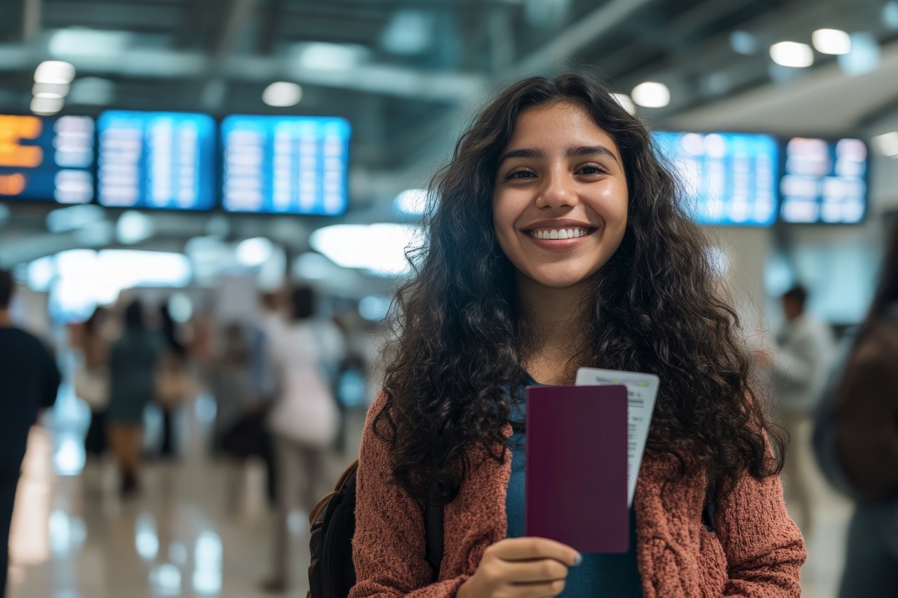 A cheerful young Hispanic woman, smiling widely, holds her passport and plane ticket while standing